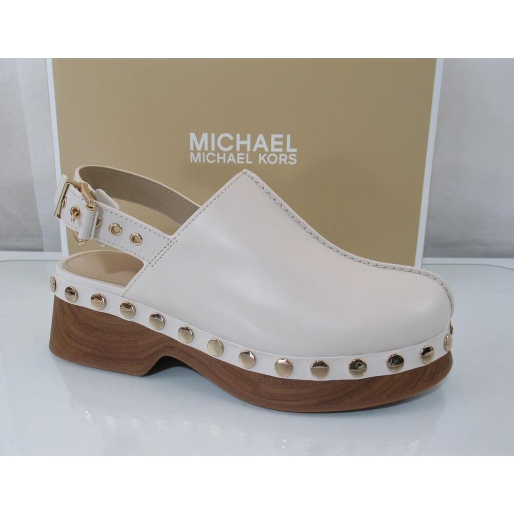 Michael Kors Size 7 Esra Clog Mule Studded Slingback Strap Buckle Cream Leather - Picture 1 of 9
